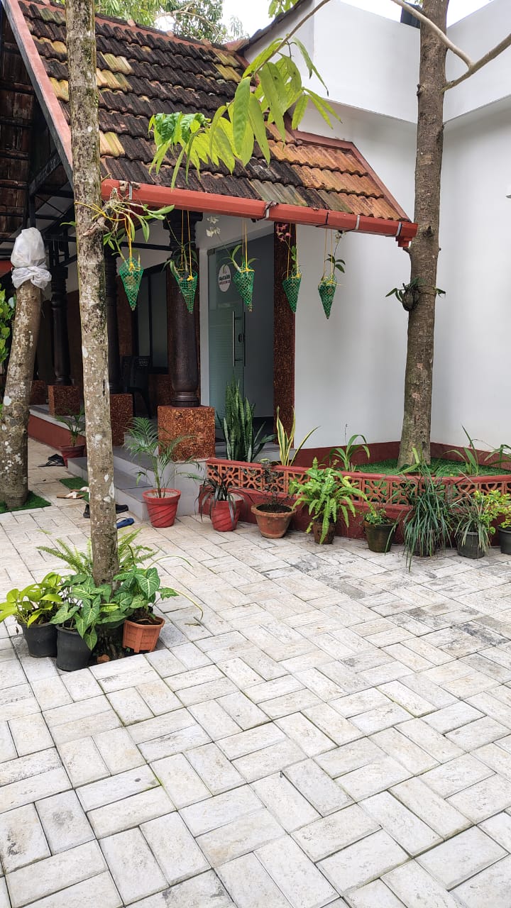 The courtyard veranda, hanging planters along the eaves and potted greenery at the steps
